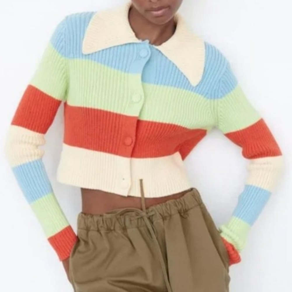 Zara Ribbed Knit Cropped Cardigan Colour  Block Cotton Blend  Size S